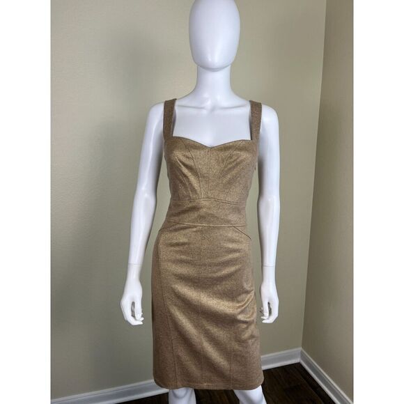 Diane Von Furstenberg Women's Size 8 Gold Matallic Tan Wool Sheath Dress Party - Picture 13 of 14